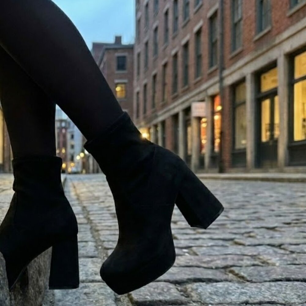 NIB Pazzle Black Faux Suede Platform Ankle Boots Block Heel Booties 90s Y2K - Picture 3 of 6